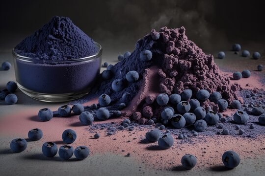 Dry blueberry powder created from hand picked, antioxidant rich wild Nordic berries that have been freeze dried. Natural, fashionable, and healthy foods. Generative AI