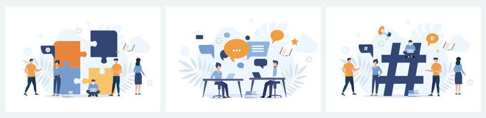 Business Solutions : teamwork, puzzle, hashtag
