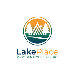 Lake place logo vector featuring wooden house, trees and lake, simple and modern, suitable for construction, travel, resort, hotel, camping, adventure