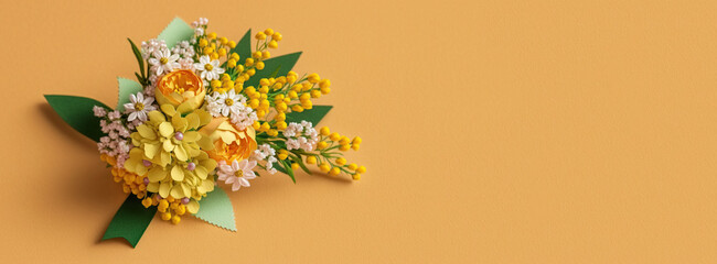 Top view of bouquet of spring flowers with orange background. Generative AI