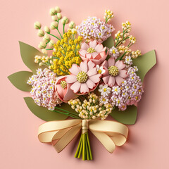 Top view of Small bouquet of spring flowers with a pink background. Generative AI