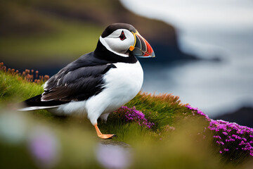 Naklejka premium Arctic puffin bird (Fratercula arctica) on the steep cliffs of Iceland, beautiful northern flowers, dramatic waves, low clouds. Generative AI