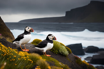 Fototapeta premium Arctic puffin bird (Fratercula arctica) on the steep cliffs of Iceland, beautiful northern flowers, dramatic waves, low clouds. Generative AI