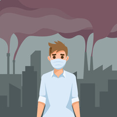 People man wearing protective masks in big city and industry make air pollution, fine dust, smoke, smog, and pm 2.5. Vector illustration cartoon flat design.