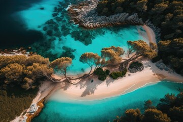 Fototapeta na wymiar Famous pine tree forest on the island of Corsica, close to the Mediterranean Sea's turquoise waves, can be seen from above in this aerial photo of Palombaggia Beach in the South of Corsica, France
