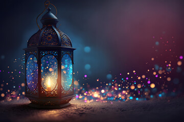 Ramadan Lantern with Colorful Light Glowing at Night and Glittering made with Generative AI