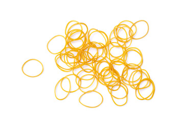 Brown rubber bands isolated on white background. Concept, equipment for fasten, tie general things, bind small objects together,made from natural para rubber. Sticky, flexibility,  used for versatile.