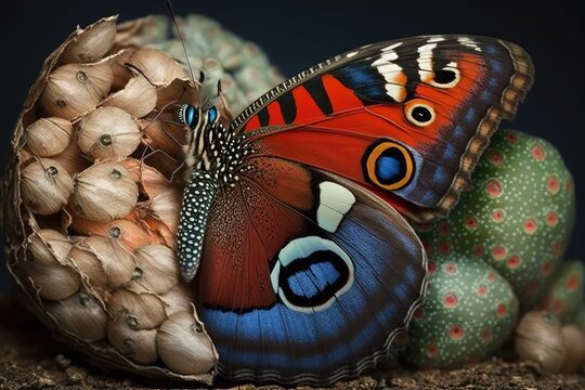 emergence and transformation of a lovely peacock butterfly, as well as butterfly pupae. Generative AI