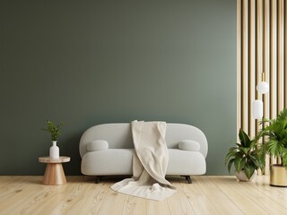 Living room interior with gray sofa on dark green wall background.