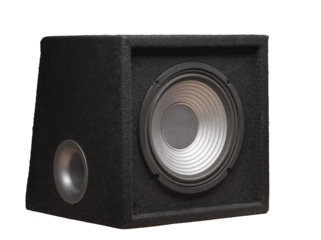 Black subwoofer speaker car audio music system on orange background