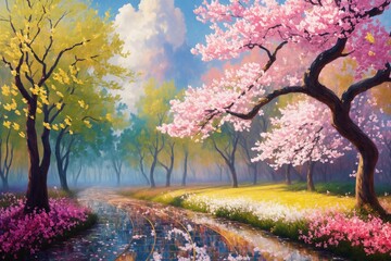 fantasy painting of cherry woodland with wet path in full spring bloom, generative art