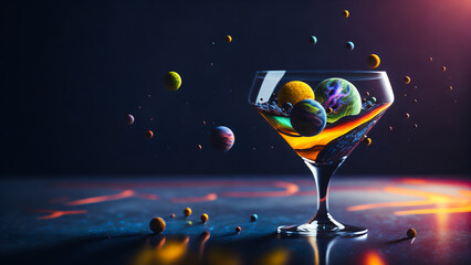 Transparent glass with a cosmic cocktail - planets, stars and nebulae. Generative AI