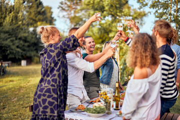Laughing friends and family toasting outdoors