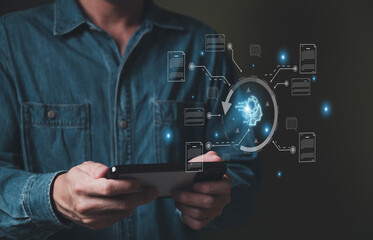 Selective focus at human hand while type or input a command to navigate chatbot or AI to get answer or information from big database. Artificial intelligence that can provide SEO or business info.