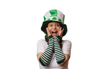 Charming woman dressed as Leprechaun in striped gloves and hat with clover leaves, for St Patrick's pub party, expressing amazement and surprise, looking at camera over isolated white background