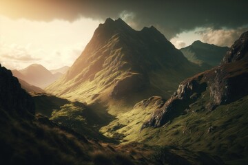 The lush mountains are bathed in sunlight. Generative AI