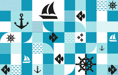 Marine pattern. Vector blue background with anchor, sailboat, fish and steering wheel.