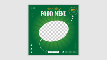 Healthy food menu social media banner and instagram post design vector template, square size, green color, easy to use and editable.