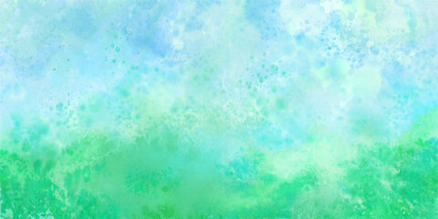 新緑と青空のコンセプトの水彩イラスト背景, 横長 やさしい 夏の背景 アブストラクト - obrazy, fototapety, plakaty