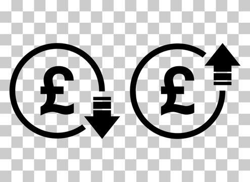 Set of cost symbol pound increase and decrease icon. Money vector symbol isolated on background
