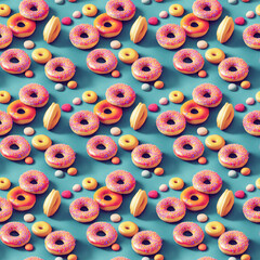 Fototapeta na wymiar a bunch of donuts sitting on top of a blue surface, an illustration of, pop art, seamless texture, amazing food photography, made of candy and lollypops