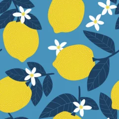 Gordijnen Lemons on the branches. Tropical summer citrus seamless pattern with leaves and flowers on a light blue background. Yellow fruits. Vector. © Sagittarius_13