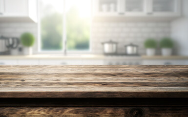 Selective focus.Wood table top counter island  and blur kitchen room background.ai generated images