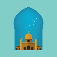 Mosque inside a door with blue sky and stars