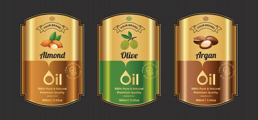 Almond oil label design Olive oil label design Argan oil label design retro style vintage gold and black premium labels collection