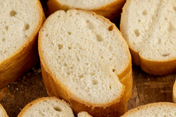 Sliced soft French baguette made of wheat flour