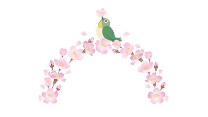 桜の枝にとまるメジロのイラスト