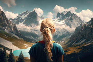 Naklejka premium Young lady staring and admiring the stunning alpine landscape in a portrait back shot. Generative AI