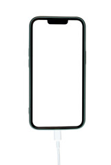 Mockup of smartphone with blank screen isolated on transparent background PNG file. Charging a mobile phone via a USB cable
