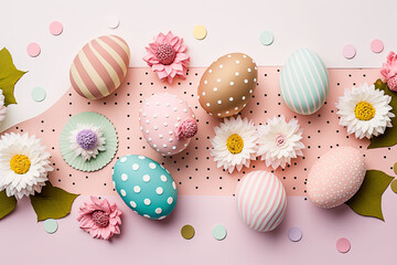 Fototapeta na wymiar easter design using eggs and pink and flowers - generative ai 