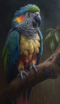 A colorful Macaw perches on a branch in a tropical rainforest, surrounded by raindrops.