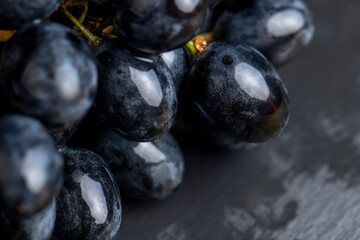 washed ripe black grapes covered with drops of water