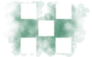 5つの白ヌキの正方形フレーム・-ふんわり水彩画テクスチャ 深緑 イラスト素材 色違い・差分有