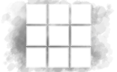 9つの白ヌキ正方形フレーム・ふんわり水彩画テクスチャ 　グレー イラスト素材 色違い・差分有