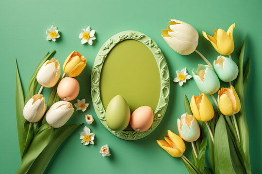 easter background with easter eggs and flowers and space for message - generative ai