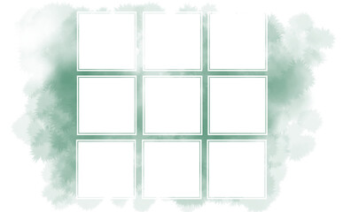 9つの白ヌキ正方形フレーム・ふんわり水彩画テクスチャ 深緑 イラスト素材 色違い・差分有