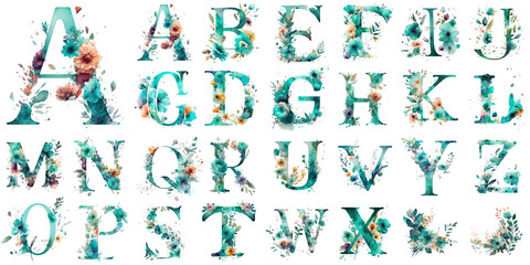 Fototapeta na wymiar Floral alphabet, letters set with watercolor flowers. Letters for wedding, holidays, greeting card, logo. Generative AI