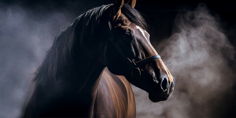 Obraz na płótnie Canvas Spanish bay horse with long mane in light smoke. stock photo Cinematic, Photoshoot, Shot on 25mm lens