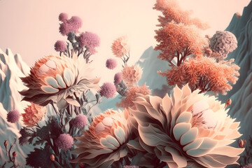 Fantastic vintage large flowers with pastel color. Generative AI