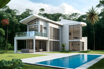 Modern panama villa with pool design, Generative AI