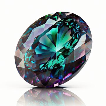 Front view of shining bright alexandrite gemstone illustration on a white background. Generative AI illustration.