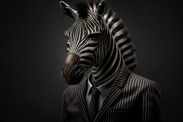 Fototapeta na wymiar Anthropomorphism in All Its Glory: Cute Cartoon Zebra in Business Suit Poses for Portrait: Generative AI