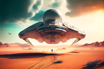 Obraz na płótnie Canvas A Spaceship Landing on an Alien Planet First Contact Generative AI