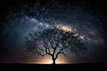 Fototapeta na wymiar long exposure shot of a tree silhouette with the milky way. Generative AI
