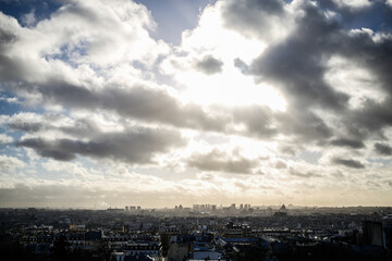 Paris city scape afar in cloudy day and residential area