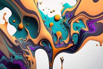 Opulent Generative Illustration: Vibrant Teal & Orange Alcohol Ink Spill on Marble with Purple & Gold Cell Organic Growth Abstract Background: Generative AI